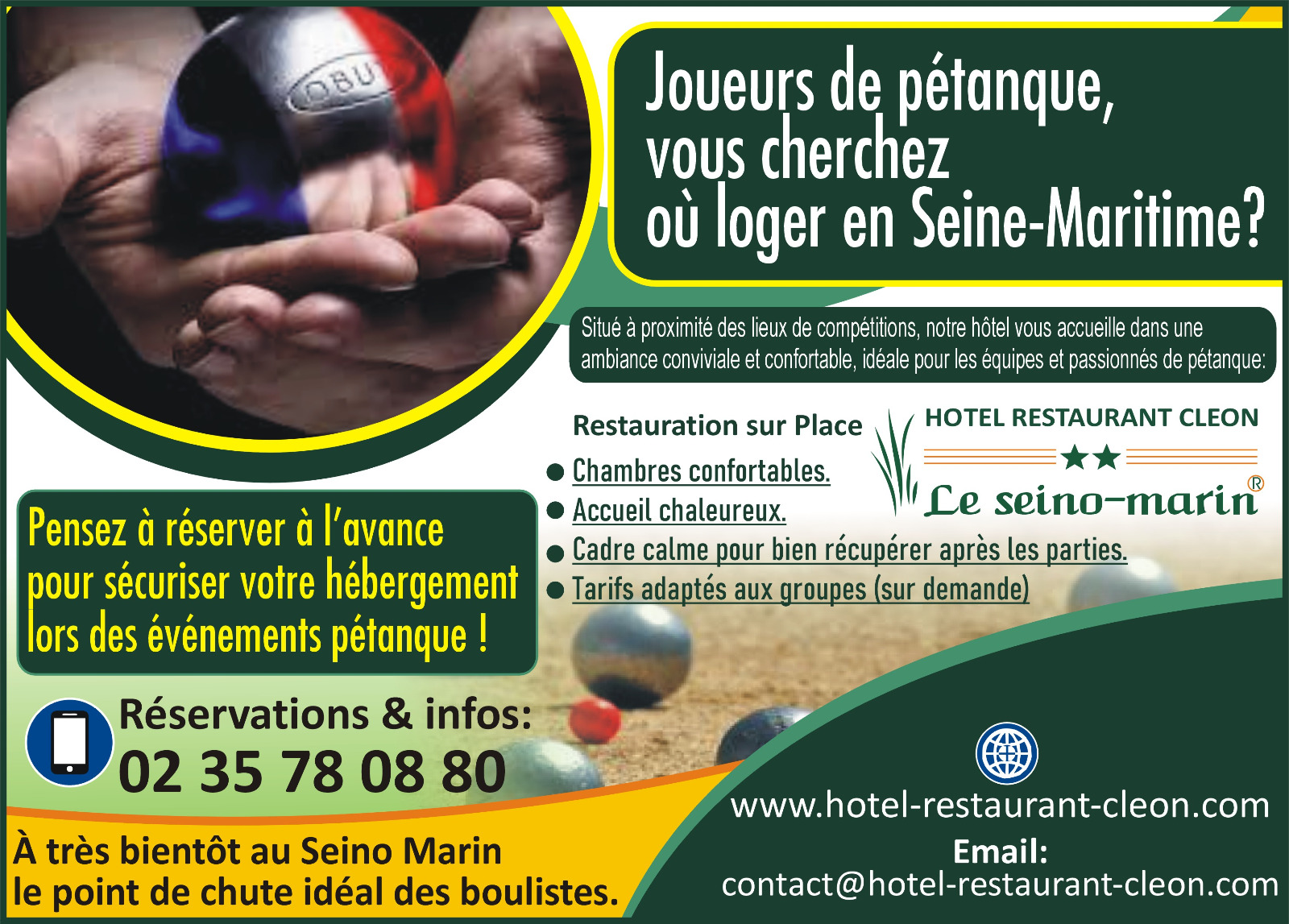 Joueurs de pétanque, vous cherchez où loger à Saint Pierre Les Elbeuf, Elbeuf, Cléon ou en Seine Maritime? 🏨 👉 Posez vos boules… et vos valises à l’Hôtel Le Seino Marin ! À très bientôt au Seino Marin — le point de chute idéal des boulistes 🎳😉 Réserve